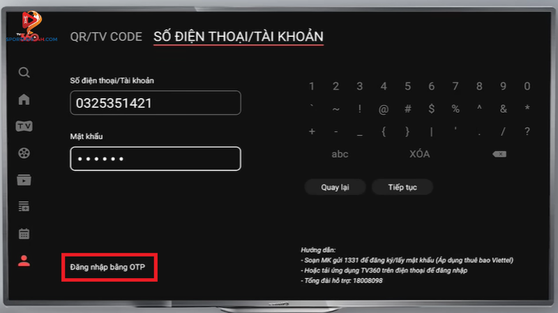 Đăng nhập qua SĐT và OTP ứng dụng TV360